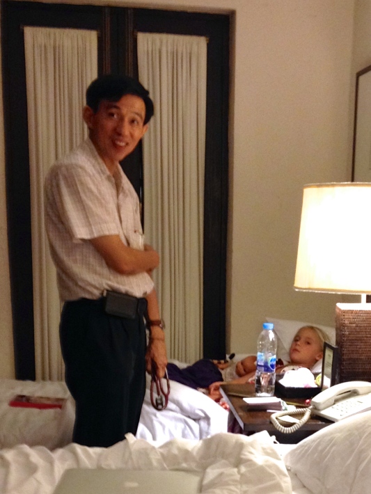 A Thai doctor makes a house call to our hotel room to check on both Zoe's and Thayer's high fever