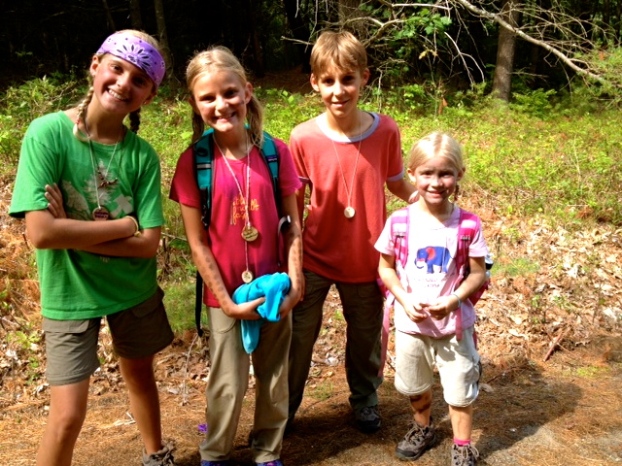 The girls, with cousin, Cody, dirty after a day of environmental/wilderness camp. 
